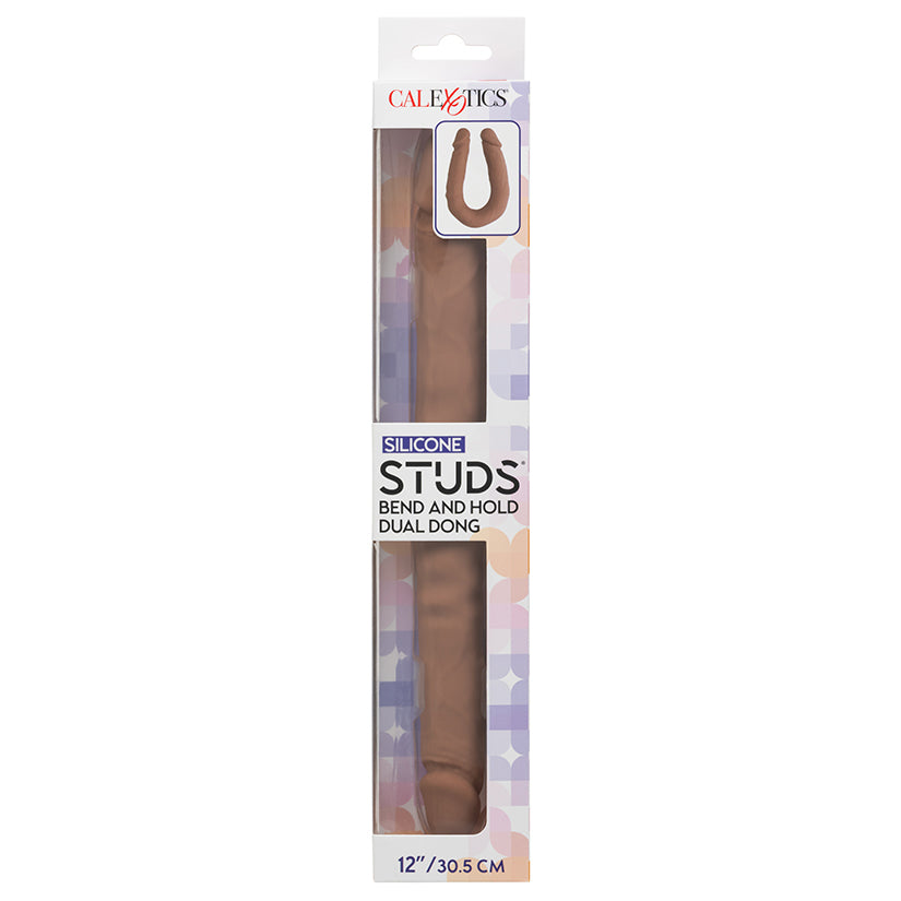 Silicone Studs Bend and Hold Dual Dong 12 Inch Brown, flexible double ended studded dildo with bend and hold feature