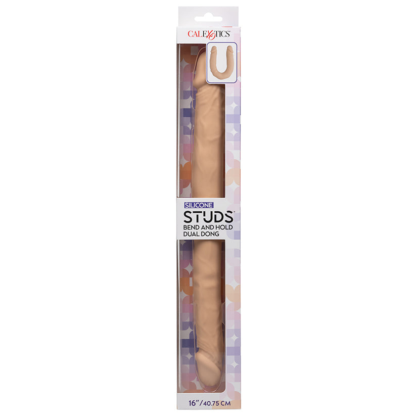 Silicone Studs Bend and Hold Dual Dong 16 Inch Ivory, flexible double ended studded dildo with bend and hold feature
