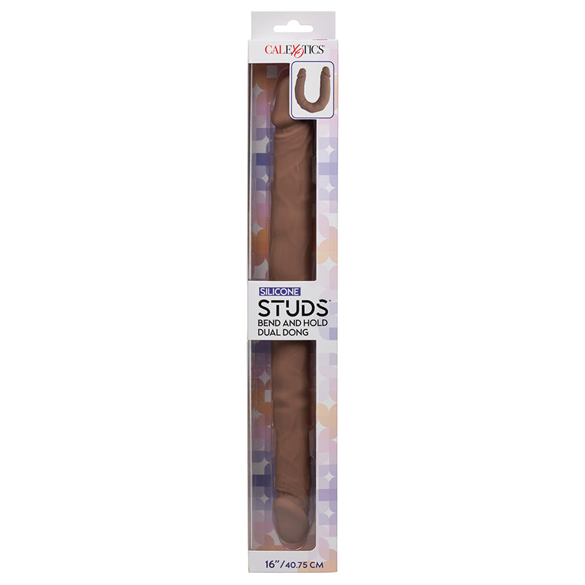 Silicone Studs Bend and Hold Dual Dong 16 Inch Brown, flexible double ended studded dildo