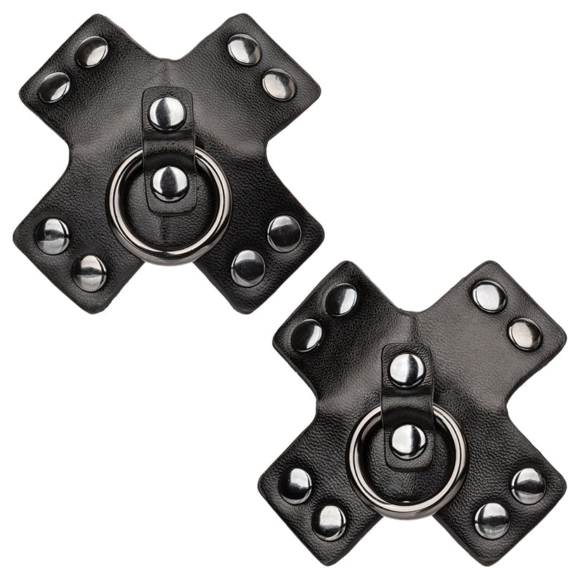 Black leather X-style nipple pasties with metal O-ring and studded hardware