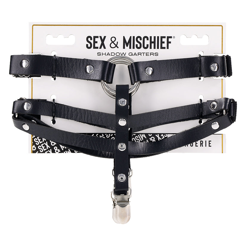 Alt Image Description:
Shadow Garters adjustable black leg garters, sexy bdsm fashion accessory with attachment points