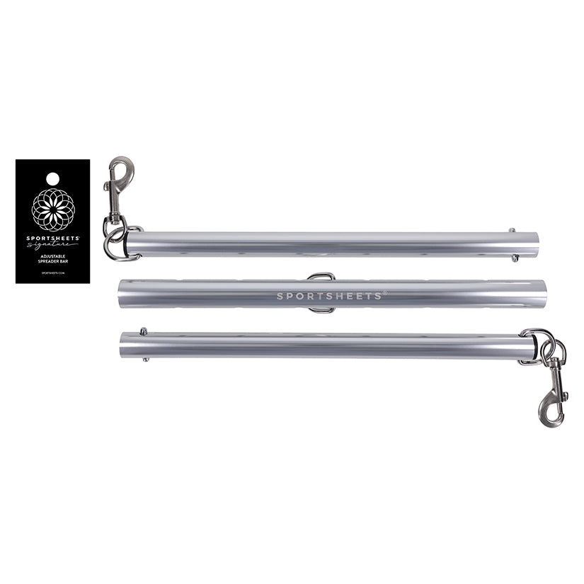 Sportsheets Signature adjustable silver metal spreader bar in packaging