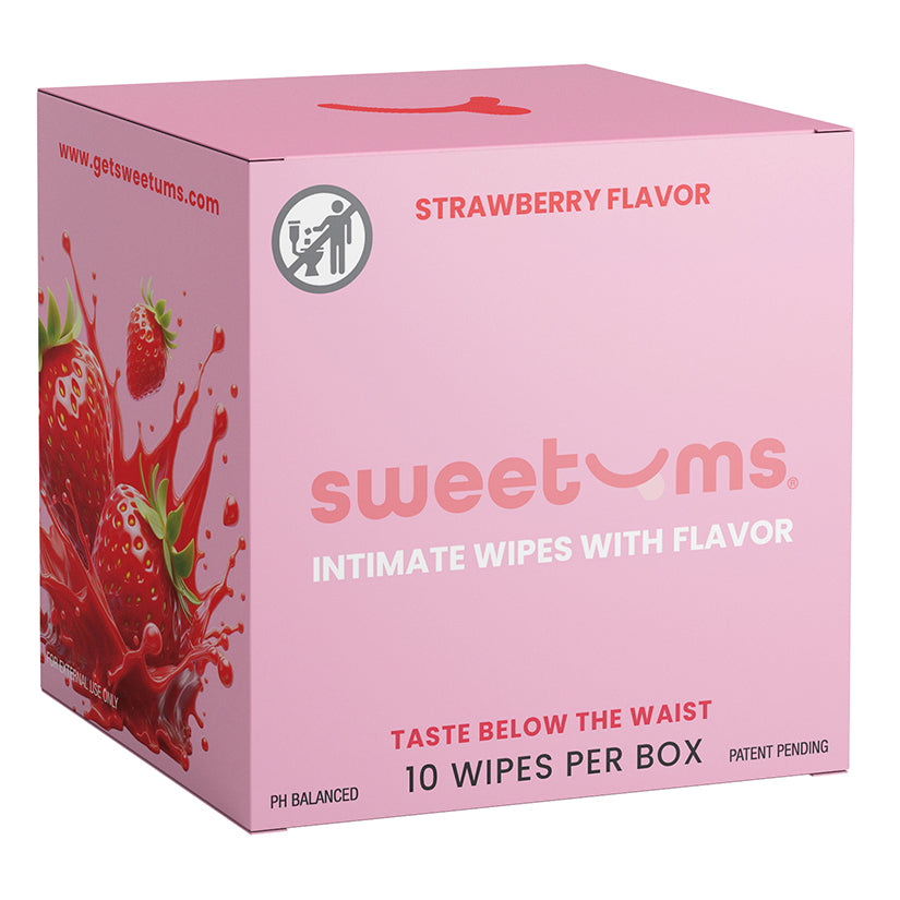Sweetums Flavored Wipes in Strawberry scent, pink packaging with individual wipes for discreet adult hygiene and pleasure prep.