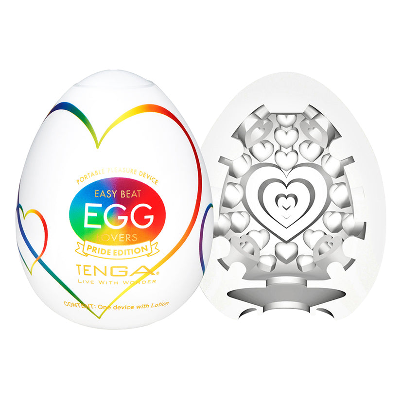 Tenga Easy Beat Egg Pride Edition disposable textured male masturbator with heart-pattern interior and included lubricant