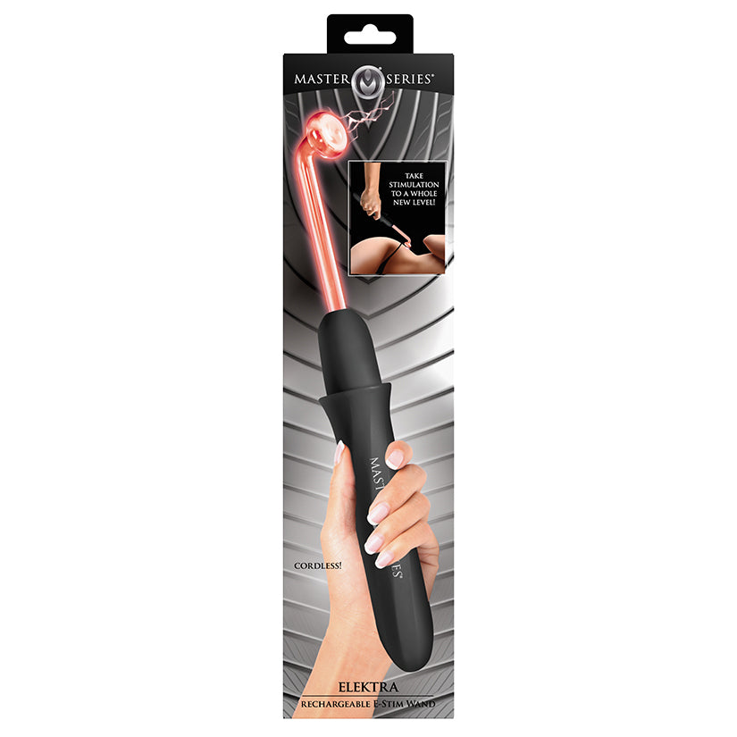 Master Series Elektra Rechargeable E-Stim Wand Black, powerful electro-stimulation massager with silicone head